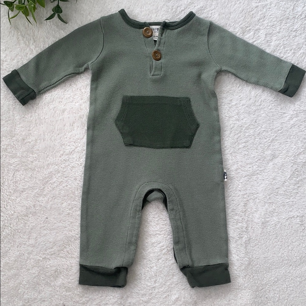 Rabbit + Bear Green Baby Romper with Pocket 6-9M Organic Cotton EUC